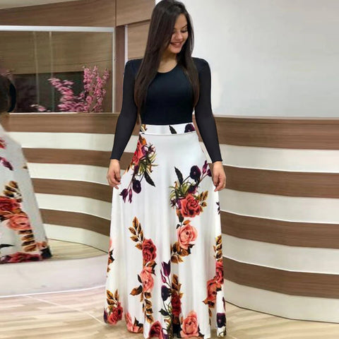 Chic Floral Maxi Dress - Casual Fit & Flare with High-Waist Design, Long Sleeves, and Easy Care Knit for Women