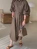 Women's Spring and Autumn Bubble Sleeve Casual Loose Straight Vintage Button Decorative Shirt Long Dress