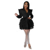 Vintage Women Single Breasted Notched Neck Puff Long Sleeve Mesh Cascading Ruffles Big Swing Blazer Dress Chic Vestidos