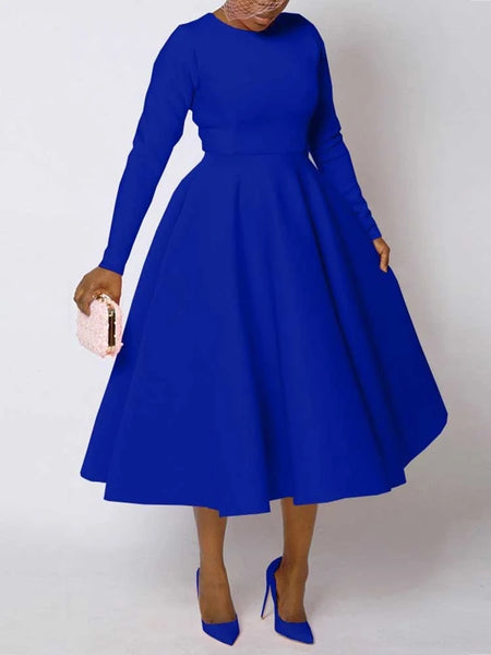 A Line High Waisted Dress Zipper in Back Women Long Sleeve Autumn Casual Dress Elegant Office Work Lady Dress Solid Color