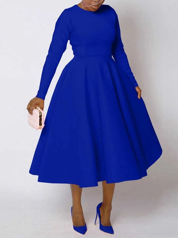A Line High Waisted Dress Zipper in Back Women Long Sleeve Autumn Casual Dress Elegant Office Work Lady Dress Solid Color