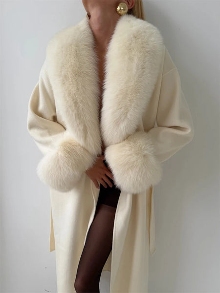 Women's Solid Color Lace Up Fur Collar Woolen Overcoat Bathrobe Style Long Loose Coat Advanced Atmosphere Autumn Winter Overwear