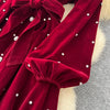 Women Rhinestone Lace Up Dresses Velvet Solid Dress A Line Lantern Sleeve Ankle Lenth Single Breasted Casual Elegant Autumn