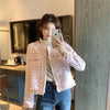 French White Tweed Crop Jacket for Women Autumn Elegant Slimming Decor Button Coat Woman Round Neck Long Sleeve Outerwear
