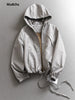 Plaid Stand Collar Jacket Women Long Sleeve Zip Loose Drawstring Outerwear Spring Autumn Casual Chic Office Lady Coat