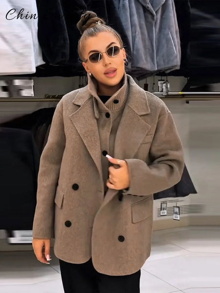 Elegant Women's Woolen Suit Jacket Vest 2 Pieces Set Loose Lapel Long Sleeve Breasted Jackets Knit Collar Vests Lady Coats