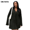 Long Sleeve Women V-neck Pleated Dress Casual Streetwear Plus Size Mini Dresses Autumn Slim Party Casual