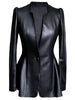 Autumn Black Slim Soft Pu Leather Jacket Women Deep V Neck Long Puff Sleeve Elegant Skirted Blazer