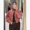 PU Leather Collar Corduroy Coat Elegant Long Sleeve Zipper Women's Cropped Jacket Spring Lady Outerwear Street