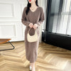 100% Merino Wool Women Long Dress Sweater V-Neck Pullover Long Dress Versatile Cashmere Knitwear Bottoming Clothing