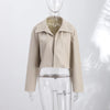 Women Cropped PU Leather Jackets Chic Stand Collar Wide Flare Sleeve Asymmetrical Wrap Open Front Coat Autumn Loose Jacket