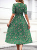 Women's Floral Print Puff Sleeve Dress, Round Neck Waist Tie Design, Boho Style Woven Fabric, All Season Wearable