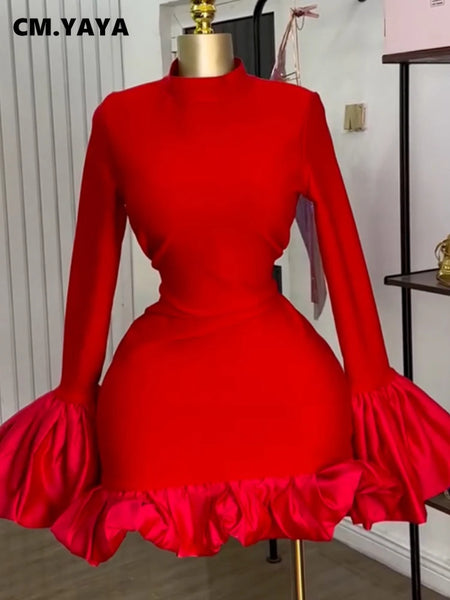 Women O-neck Long Flare Sleeve Ruffles Mini Dress Spring Sweet Sexy Birthday Evening Night Party Vestidos Dresses