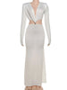 Waistless Elegant Dress Women Classic Full Sleeve Padded Bra Deep V-Neck Metal Buckle Hipster Simple Skinny Vestidos