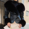 Black Fur Collar Leather Jacket Women Chic Solid Full Sleeves Waist Cinching V-neck Short Coat Lady High Street Outerwear