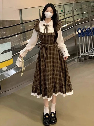 Spring Autumn Dresses Fake Two Piece Patchwork Long Sleeve Bow Plaid Dress Preppy Style Elegant Vintage Women Clothing