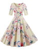 Women Flower Print Autumn Dress Casual Winter Half Sleeve Elegant Vintage Dress Robe Femme Pinup Office Party Vestidos