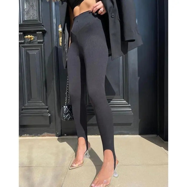 Women Casual Y2K Elastic High Waist Slim Fit Long Trousers Ribbed Knitwear Tight Step on Foot Leggings Sporty Pants