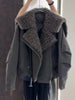 Women Warm Wool Perm Oversized Thick Coat Winter Faux Fur Collar Padded Jacket Drawstring Waist Streetwear Chic Tops