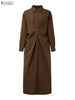 Women's Gathered Front Maxi Dresses Fall Solid Color Turn-Down Collar Long Sleeve Half Buttons Shirtdress Commuting