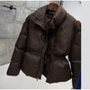 Glossy Stand‑Collar Drawstring Waist Back Zip‑Up Puffer Coat Winter Women Warm Padded Jacket Lady Cotton‑Padded Coat