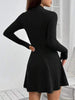 Women's Slim Fit Half High Collar Waist Cinched A-Line Skirt Long Sleeved Pit Stripe Dress