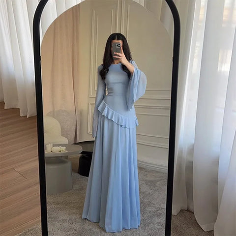 Women Chiffon Solid Ruffled Dress Flare Sleeve Round Neck Elegant Maxi Gown Evening Party Holiday Lady