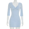 Women Twist V Neck Bodycon Mini Dress Slim Mid Sleeve Solid Color Sexy Y2K Casual Tee Dress Date Vacation Outfit