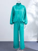 Loose Glossy Satin Solid Sports Jacket Pants Sets Women Stand Zipper Long Sleeve Coats Drawstring Wide Leg Pant Spring Suit