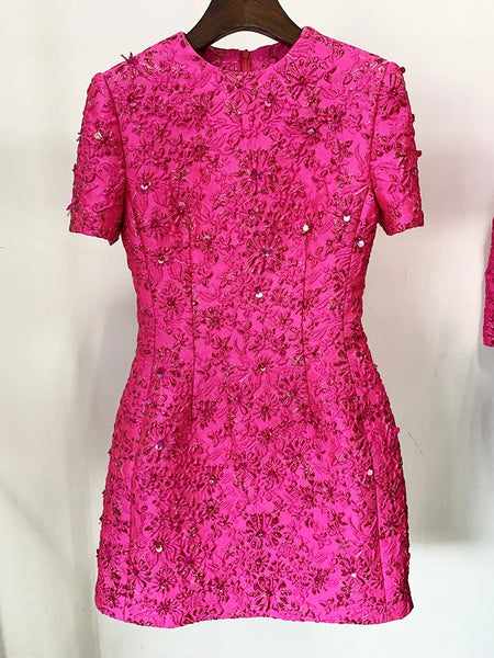 High Street Designer Stylish Dress Women's Beaded Floral Jacquard Trimmed Dress