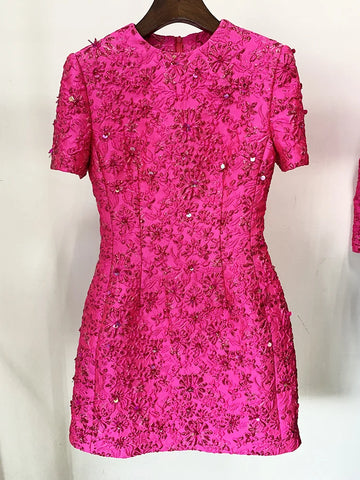 High Street Designer Stylish Dress Women's Beaded Floral Jacquard Trimmed Dress