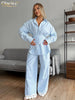 Loose Blue Stripe Women's 3 Pieces Set Elegant Long Sleeve Shirt + Corset With High Waist Wide Pants Set