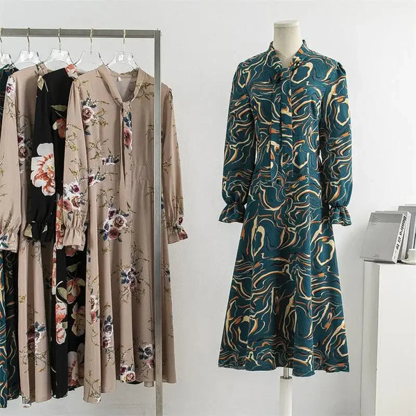 Autumn Spring Chiffon Dress Plus Size Women Casual Dresses Vestidos Female Vintage Printed Floral Full Sleeve A-line Long Dress
