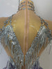 Stock Women Sexy Stretch Mesh Sparkly Rhinestone Tassels Mini Dress Nightclub Singer Dance Stage Costume Evening Gowns