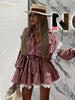 Loose Print Women Dress Elegant Lace-Up Long Sleeve Office Mini Dresses Casual Lace Spliced Pleated Female Dress