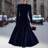 Autumn Simple Elegant Navy Blue Long Dresses For Women High Collar Long Sleeve High Waist Temperament Female Style Dress