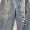 Chic Y2K Style Metal Decoration Washed Blue Women's Stacked Jeans Pants For Woman Clothing Wide Leg Vintage Denim Trouserso