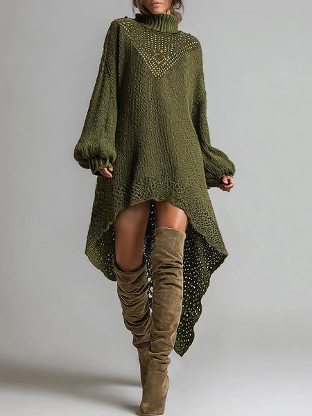 Turtleneck Knitted Dress Hollow Out Loose Fit Midi Skirt Asymmetric Hem Boho Strappy Crochet Sexy Women's Vestido