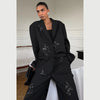 Black Sequin Embroidery Blazer 2 Piece Set Women Full Sleeve Lapel V-neck Loose Wide Leg Pants Suit Lady Spring Autumn Wear