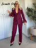 Chic Feather Blazer Pants Set Women Lapel Shoulder Pads Full Sleeve Jacket Pocket Straight Pant Spring Autumn Lady Suit
