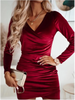 Lady Bodycon Solid Color Velvet Dress Women V-Neck Long Sleeved Mini Dress Autumn Winter Year Party Dress