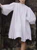 Women's White Stand Collar Pleated Mini Dresses Long Puff Sleeves Buttoned Oversized Casual Cotton Shirts Dress
