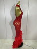 Sparkly Red Rhinestones Feather Sexy Mesh See Through Long Dress Women Birthday Evening Nightclub DJ Dancer Stage Costume
