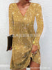 Women's Silver Sequins Evening Dress Long Sleeve Solid V Neck Sparkly Party Mini Dress Elegant Autumn Prom Dresses
