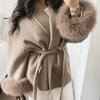 Women Grey Fur Splicing Woolen Coat Casual Belt Full Sleeve Lapel Loose Cardigan Outwear Lady Winter Highstreet Jacket