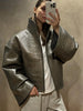 Croc Embossed Cropped Faux Leather Jacket High Stand Collar Long Sleeve Oversized Women Jackets Autumn Chic Coats
