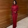 Turtleneck Long Sleeve Bodycon Dress Women Tight Elastic Lace-up Maxi Dresses Winter Evening Party Curvy Robe Red Brown
