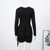 Sexy Pleated Ribbon Short Dress Women Solid Long Sleeve Slim Empire Hip Package Party Dress Spring Night Club Robe