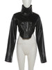 High Street PU Jacket Woman Zip Button Turtleneck Full Sleeve Navel Exposed Girls Motorcycle Style Classic Clothing