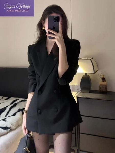 Korean Elegant Slim Fit Blazer Coat Women V-Neck Long-Sleeve Double Breasted Casual Black Coat Office Style Blazers